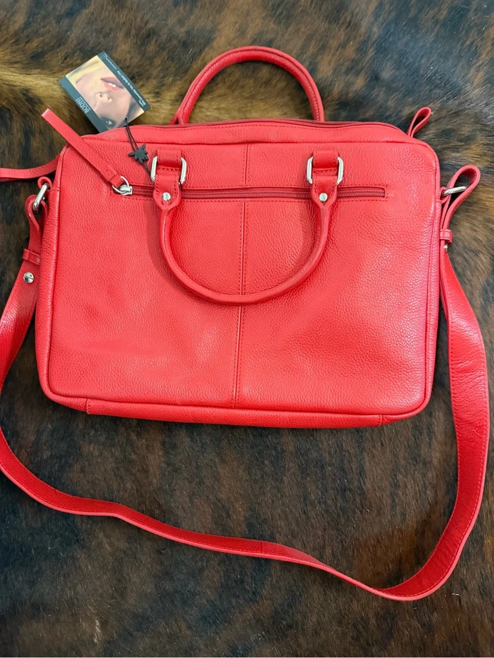 BODHI Red Leather Laptop Tote with Removable Strap